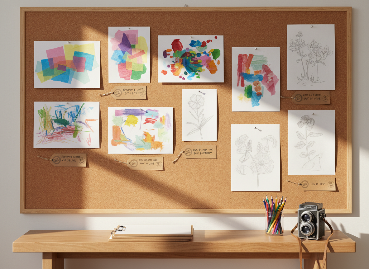 A close-up of a collaborative documentation wall shows a large corkboard covered with carefully pinned children’s artwork: layered tissue-paper collages, bold abstract paint strokes on heavy paper, and delicate pencil sketches. Beside each piece, small kraft tags with handwritten reflections and date stamps are neatly attached. Beneath the board rests a low, natural-wood bench holding a stack of clipboards, colored pencils, and a vintage-style camera, suggesting ongoing observation and consultation. Warm afternoon sun streams across the wall from the left, casting gentle shadows of the pinned papers. Photographic realism, shot straight-on with sharp focus, creates a clean, professional yet playful mood that communicates Reggio Emilia-inspired documentation practices without any people appearing.