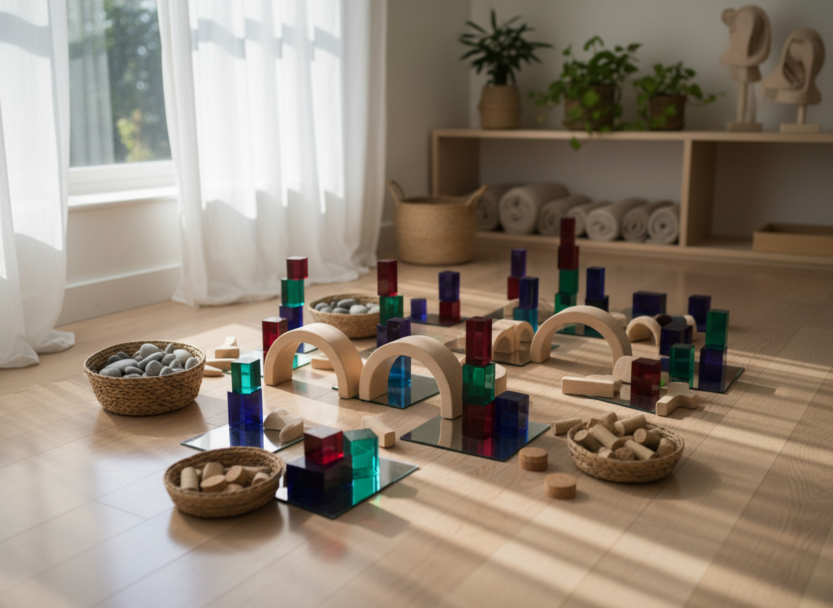 On a smooth, pale wooden floor, an intricate open-ended building invitation is arranged: rounded wooden arches, small mirrored tiles, translucent acrylic blocks in jewel tones, and woven baskets overflowing with smooth stones and corks. The materials form an emerging miniature cityscape, with reflections dancing on the floor from a nearby low window. Soft natural light, filtered through sheer curtains, creates subtle highlights along the edges of the blocks and gentle, elongated shadows. Photographic realism from a slightly elevated, three-quarter angle emphasizes depth and detail, with the background softly blurred to show simple shelving and neutral textiles. The mood is curious, playful, and thoughtfully prepared, clearly referencing a Reggio Emilia atelier environment designed for creative problem-solving, with no people visible.