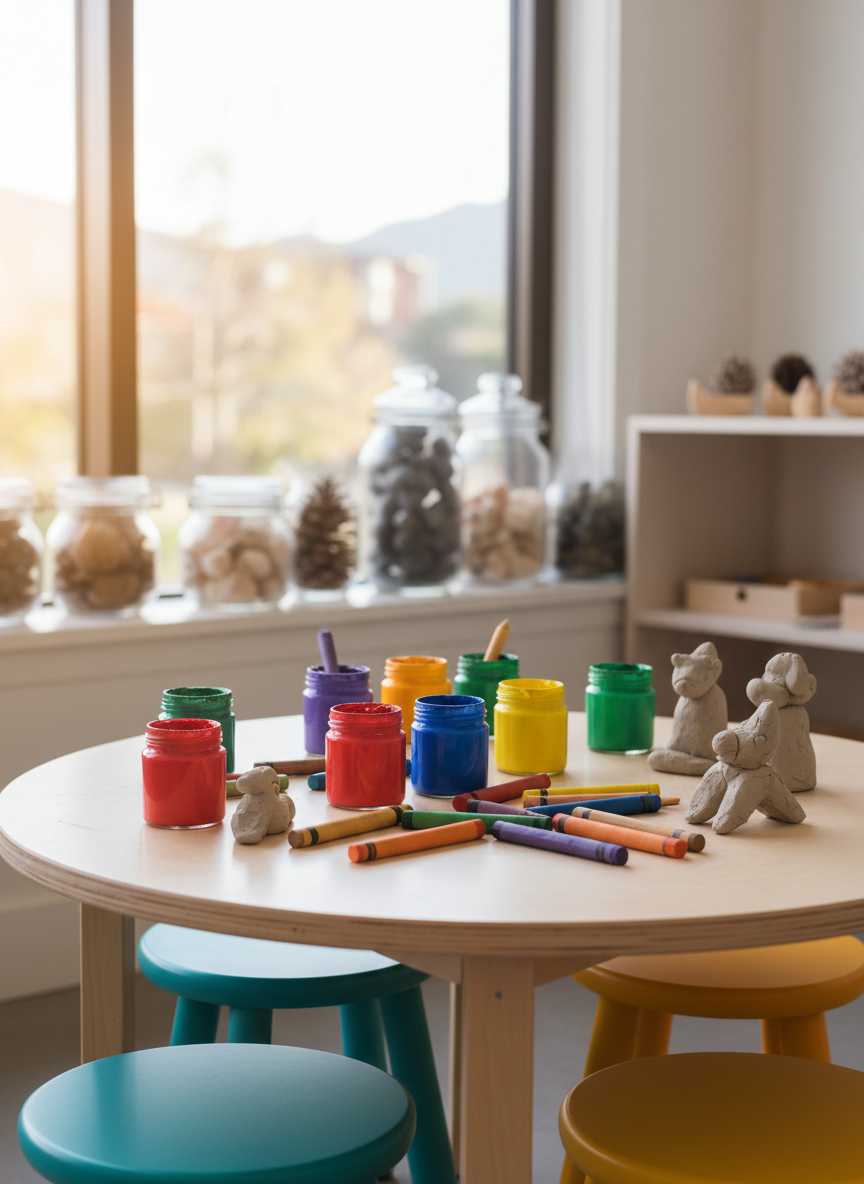 A low, circular wooden table made of pale, smooth birch stands in the center of a sunlit atelier, its surface scattered with open jars of vibrant tempera paints, chunky beeswax crayons, and small clay sculptures mid-creation. Around the table are tiny, colorful wooden stools tucked neatly beneath. Soft morning light pours through a large window, glinting off glass jars of natural materials—pine cones, smooth river stones, and shells—arranged on open shelves in the blurred background. Photographic realism with a clean, modern aesthetic, shot at child-eye level with a shallow depth of field, creates a playful yet calm mood that embodies creative learning inspired by the Reggio Emilia environment, without any people present.