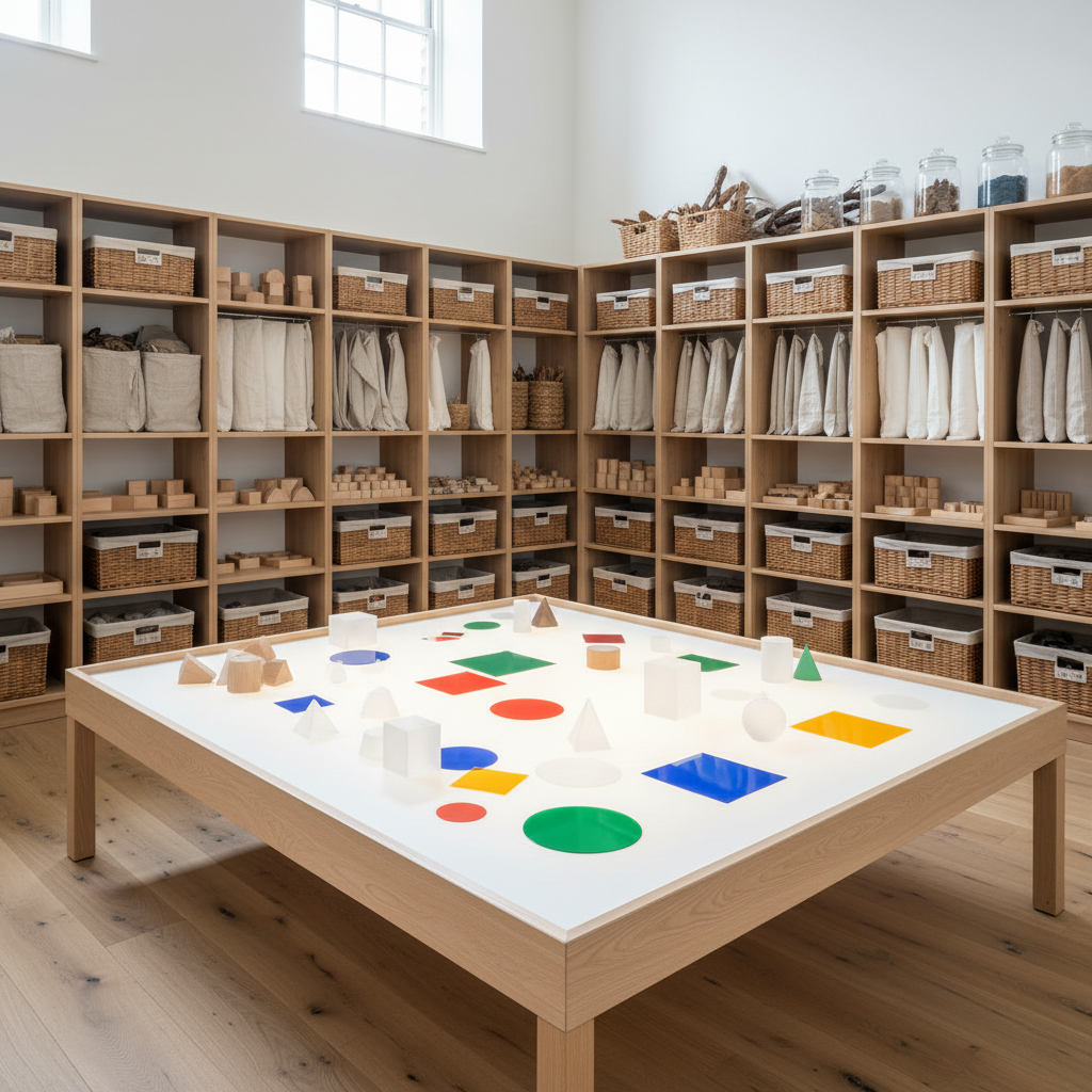 An airy, white-walled studio lined with floor-to-ceiling wooden shelves displays neatly organized baskets of natural materials: polished wooden blocks, woven fabrics, leaves, twigs, and glass jars of colored sand. At the center, a large, transparent light table glows softly from within, illuminating translucent geometric shapes and colorful acetate sheets scattered across its smooth surface. Diffused overcast daylight filters through high windows, blending with the gentle light table glow to create a serene, exploratory atmosphere. Captured in photographic realism from a slightly elevated angle, the composition uses leading lines from the shelves toward the light table, emphasizing an inviting, Reggio-inspired space for open-ended creative learning, entirely free of human figures.