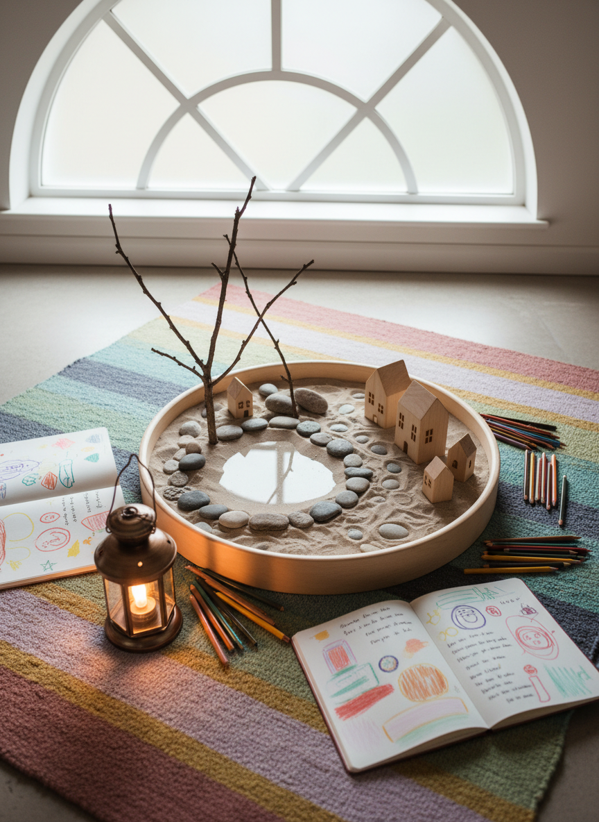 In a cozy corner of an educational studio, a low, square rug in muted rainbow tones defines a small inquiry space. At its center sits a round, shallow wooden tray filled with sand, branches, smooth pebbles, and miniature wooden houses, forming a tiny landscape scene. Surrounding the tray are open sketchbooks, neatly arranged colored pencils, and a small, battery-operated lantern with a warm glow. Soft, diffused light from a high window combines with the lantern’s gentle illumination, creating a warm, reflective atmosphere. Photographic realism, captured from a slightly elevated, diagonal angle, emphasizes textures and natural materials. The composition feels intimate, playful, and thoughtfully curated to show a Reggio Emilia-inspired setting for storytelling and imaginative exploration without any people.