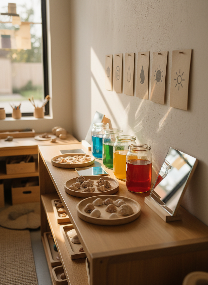 A long, child-height shelf made from smooth, honey-colored wood holds a sequence of provocations: shallow wooden trays with neatly arranged seashells sorted by size, transparent jars filled with colored water gradients, and small mirrors propped at angles to reflect the objects. Above the shelf, neutral-toned labels with simple icons provide subtle visual cues. Late afternoon sunlight slants through a nearby window, producing soft, golden highlights and mirrored reflections that dance across the wall. Photographic realism with a side-on composition and moderate depth of field keeps the provocations in crisp focus while the rest of the atelier gently blurs. The mood is quietly inviting and intellectually playful, clearly referencing Reggio Emilia-inspired environments for creative exploration, with no humans present.