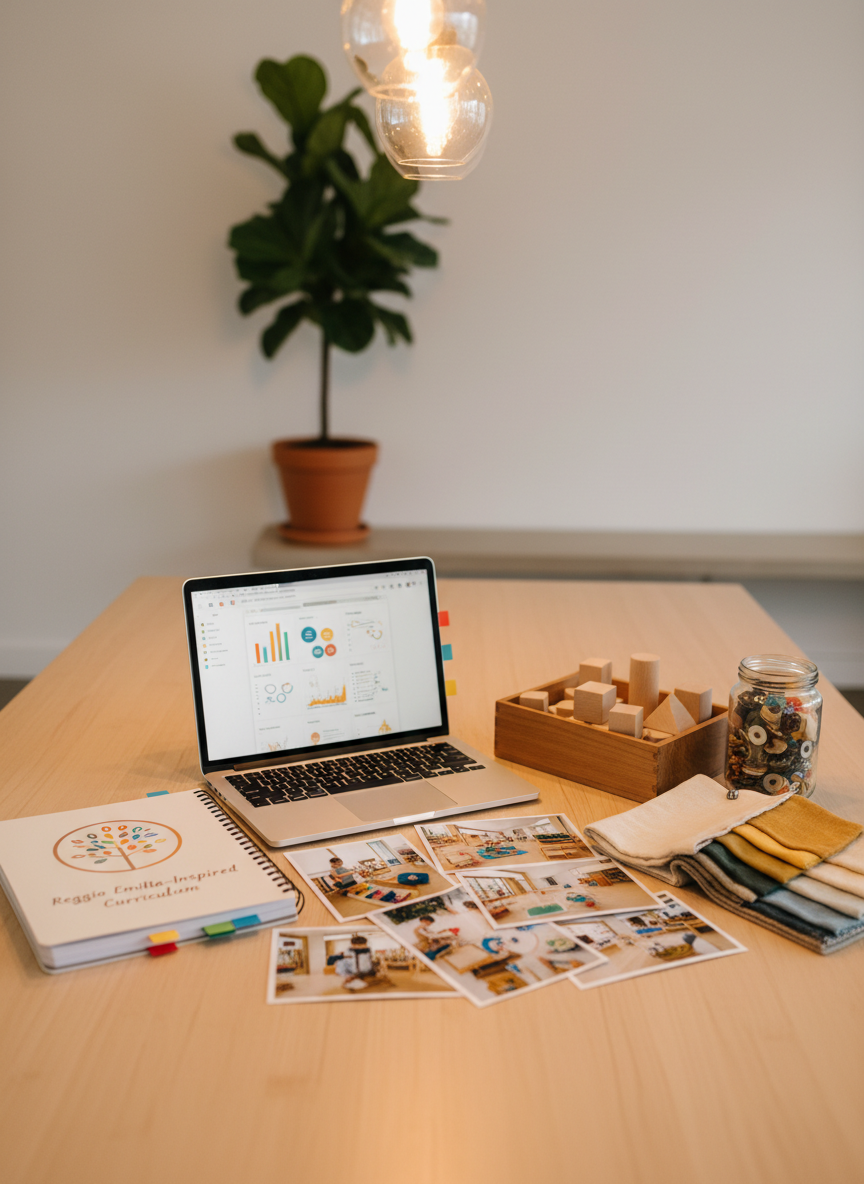 A consultation workspace is staged on a wide, light-wood table: an open laptop displaying a blurred educational planning interface, a thick, spiral-bound Reggio Emilia-inspired curriculum notebook with color-coded tabs, and a spread of printed atelier photographs showing learning environments and materials. Beside them, small sample objects—tiny wooden blocks, a swatch book of natural fabrics, and a clear jar of loose parts—are carefully arranged. Overhead, warm pendant lighting casts a soft, focused pool of light across the table, leaving the background—minimal white walls and a simple plant—gently out of focus. Captured in photographic realism from a slightly elevated angle, the scene feels professional yet playful, designed to suggest thoughtful consultation for educators without including any people.