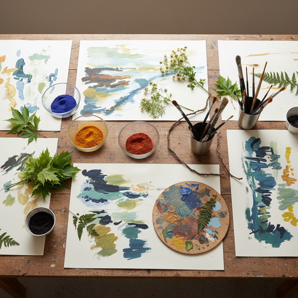 A bird’s-eye view of a large atelier table reveals an organized chaos of creative learning: wide sheets of heavyweight paper with partially completed abstract paintings, small glass bowls of natural pigments, wooden palettes smeared with mixed colors, and clusters of leaves, flowers, and twigs used for printing and mark-making. Stainless steel cups hold brushes of various sizes, their bristles subtly stained. Overhead daylight from a skylight creates even, bright illumination with soft shadows at the edges of objects. Photographic realism with sharp focus across the frame emphasizes color, texture, and pattern. The mood is energetic, exploratory, and joyfully messy, clearly conveying a Reggio Emilia-inspired creative process space designed for educators to observe and reflect, with no human presence.
